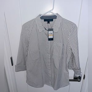 NWT Tommy Hilfiger Button Down Gray and White Striped Shirt Size Small
